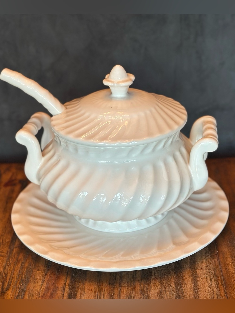 Classic White Ceramic Soup Tureen with Plate, Ladle, and Lid